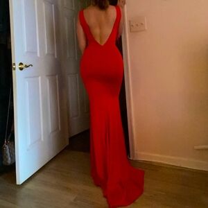 Red Plunge Neck Sleeveless Low Back Bodycon Gown
